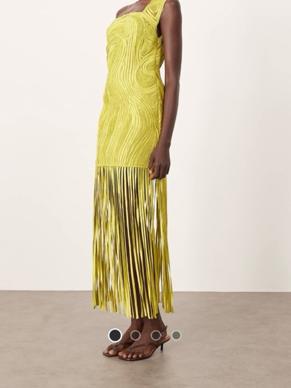ASOS Areange One-Shoulder Yellow Fringe Midi Dress